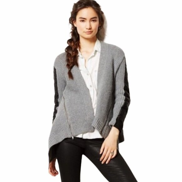 Anthropologie MOTH Oltrarno Lambwool Cardigan XXSP Faux Leather Sleeve Detail - Picture 1 of 12